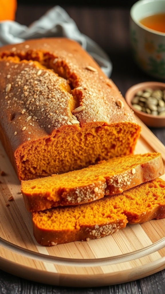 Healthy Almond Flour Pumpkin Bread Recipe Sliced almond flour pumpkin bread on a cutting board with pumpkin seeds and a cup of tea.